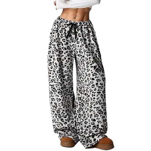 Leopard Women's Fuzzy Pajama Pants - Y2k Cheetah High Waisted Fluffy Pants (White, L)