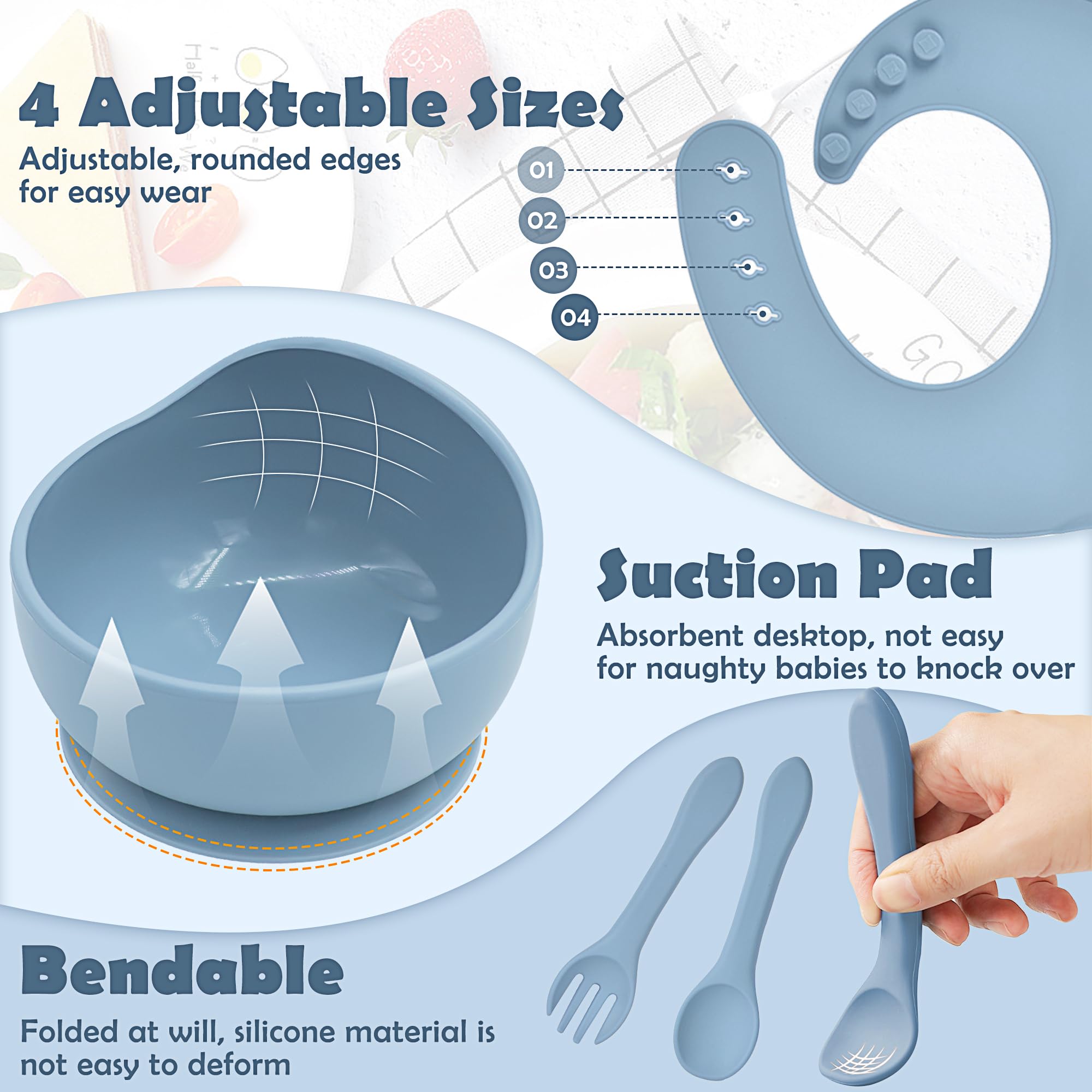 Set Pappa Svezzamento per Bambini 6 Pezzi Set Svezzamento Silicone Piatto con Ventosa Bavaglino Cucchiaio Forchetta Senza Tazza BPA Set Pappa Antiscivolo per Neonato Bimbo, Blu