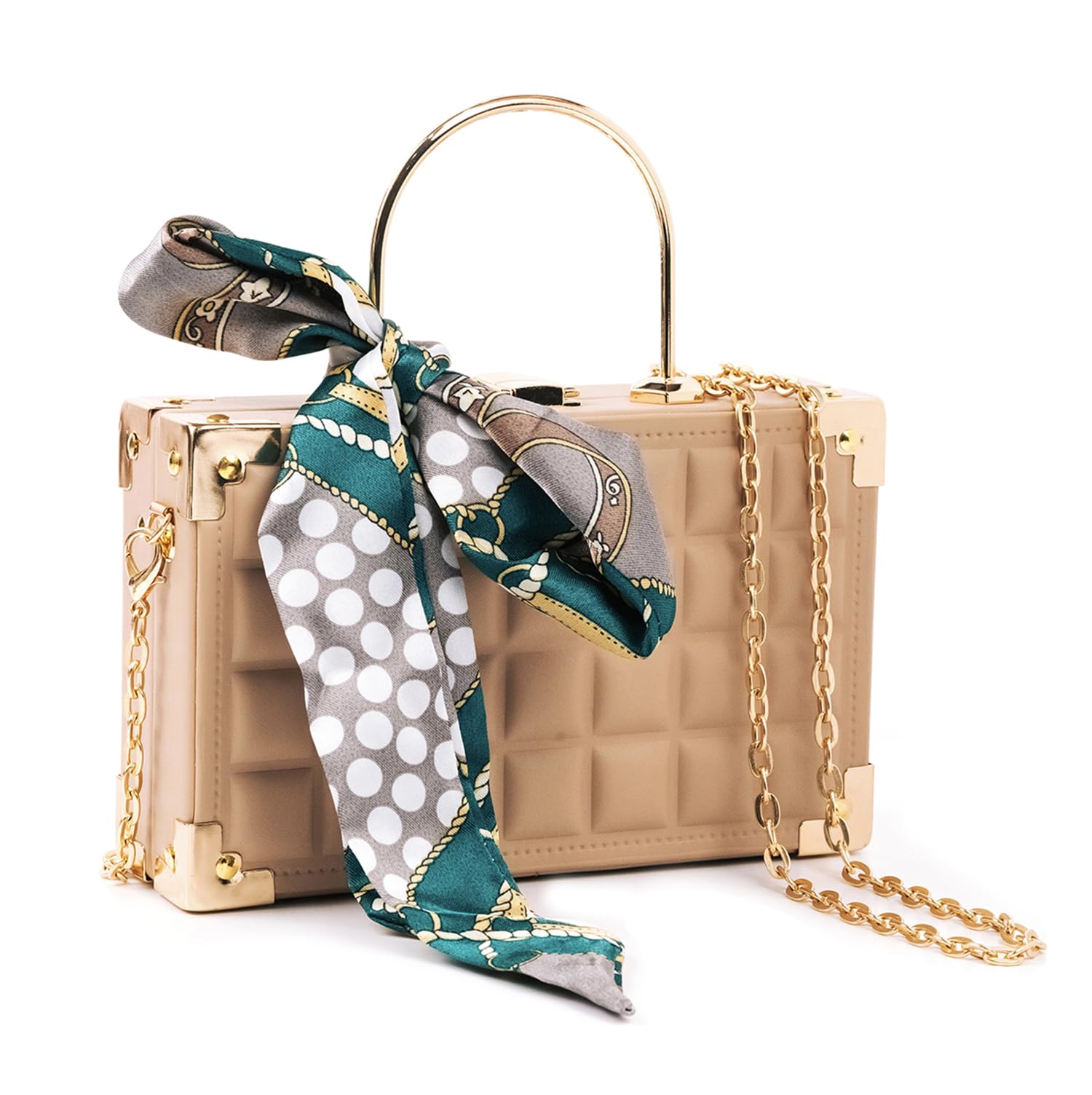 Plastic Evening Hand Clutches for Womens and Girls - Stylish Ladies Handbag Purse with Silk Scarf Accents and Gold Chain Strap (Black)