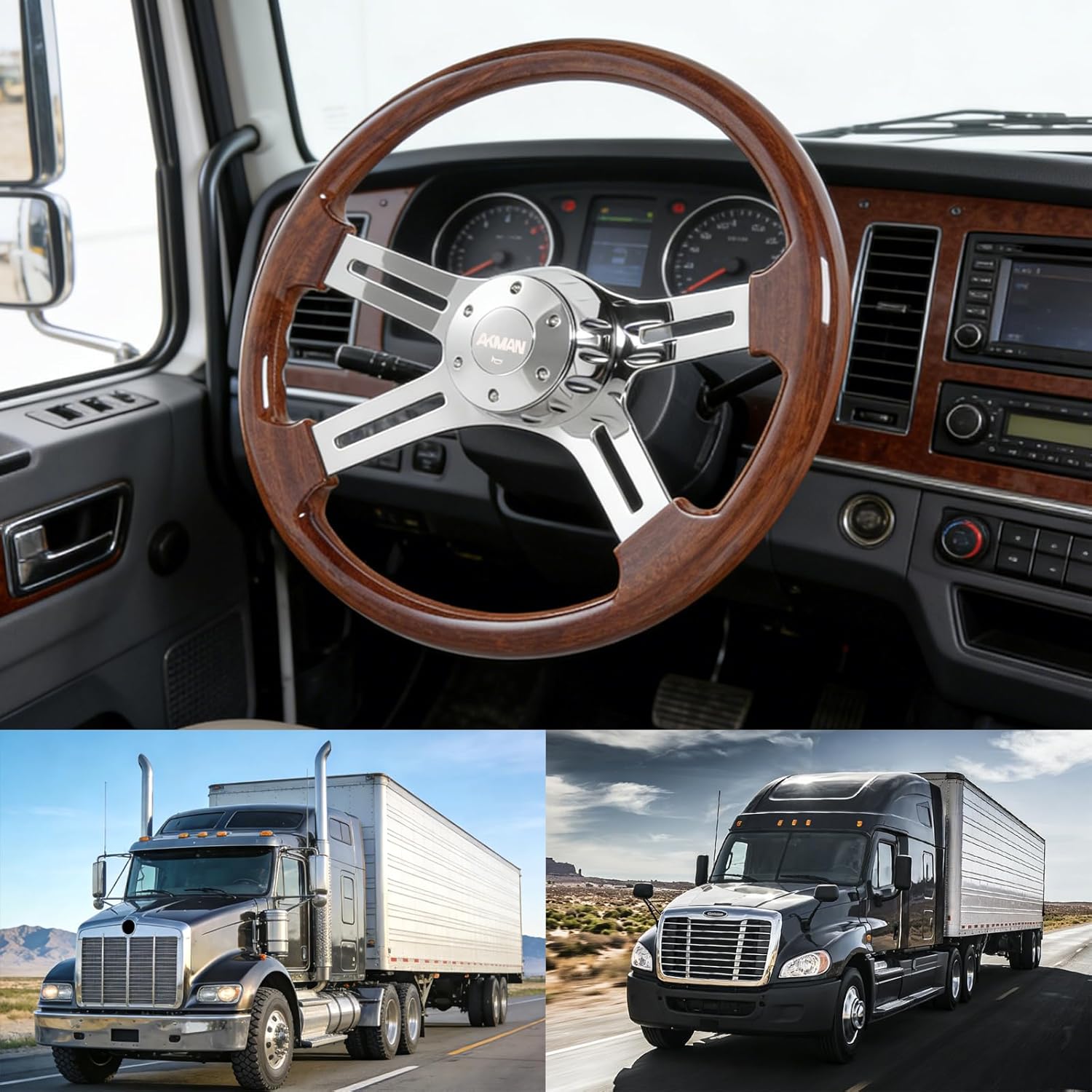 18inch Truck Steering Wheel, 4 Spoke Aluminum Chrome Plated Steering Wheel for Semi-Trailers,for Kenworth,for Peterbilt,for Volvo, Freightliner Trucks (Woodbrown)