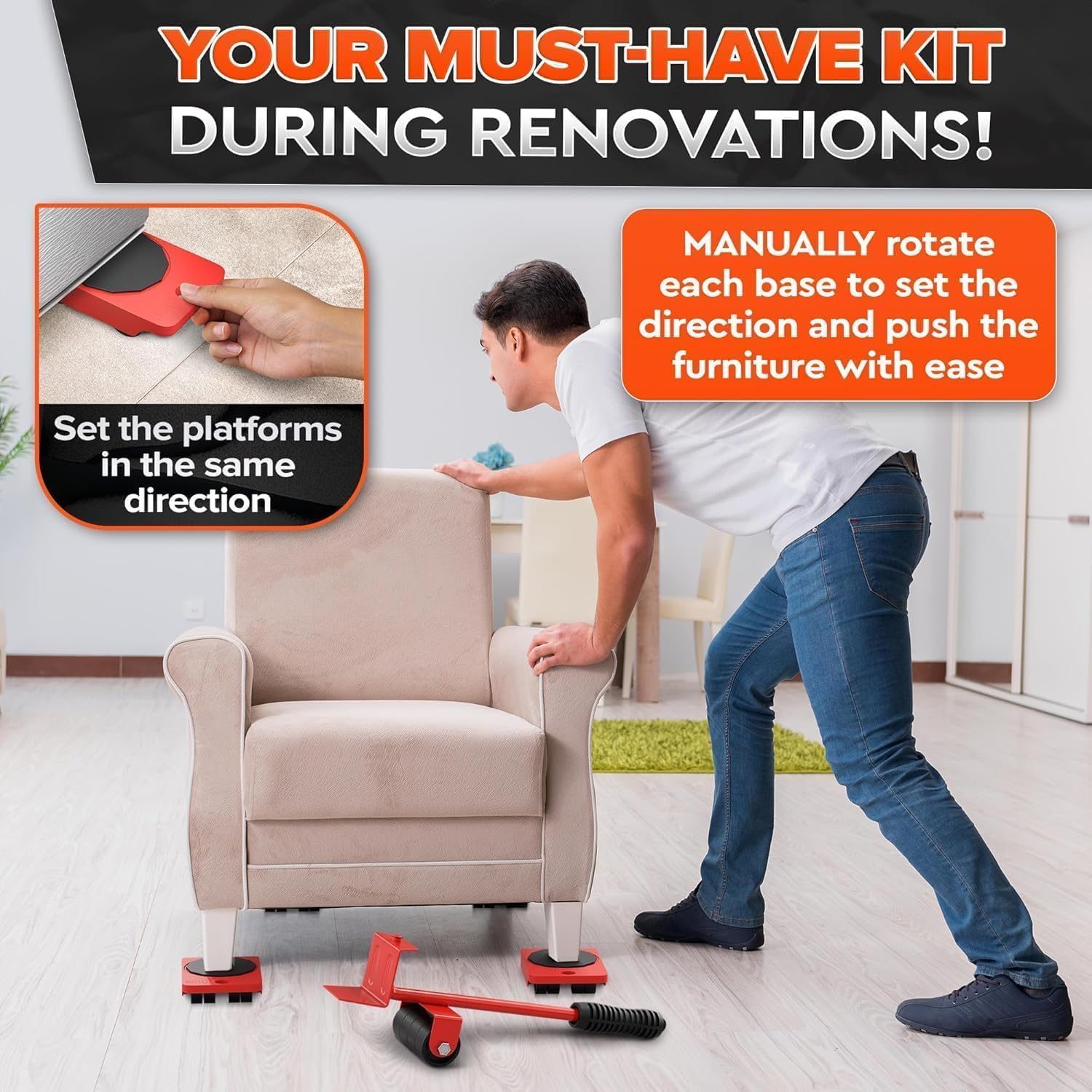 Furniture Lifter Tool & Furniture Moving Sliders Set 360° Rotating Wheels Up to 220 lbs, Refrigerator Movers Sliders with Smooth Glide, Non-Scratch Design