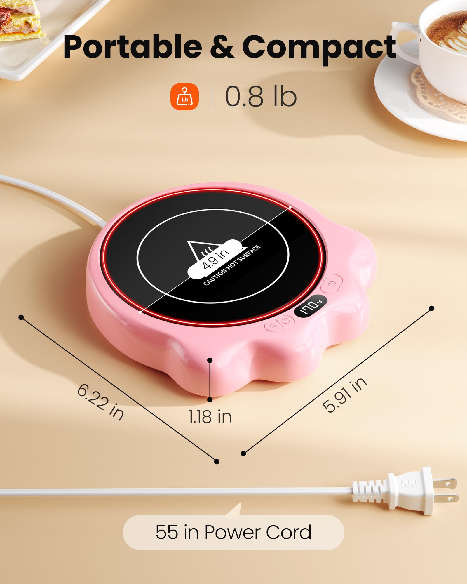 Calentador de tazas, 50 W, lindo calentador de tazas de pata de gato, 3 ajustes de temperatura, apagado automático de 2 a 10 horas, accesorios de café mantienen la bebida caliente para 6
