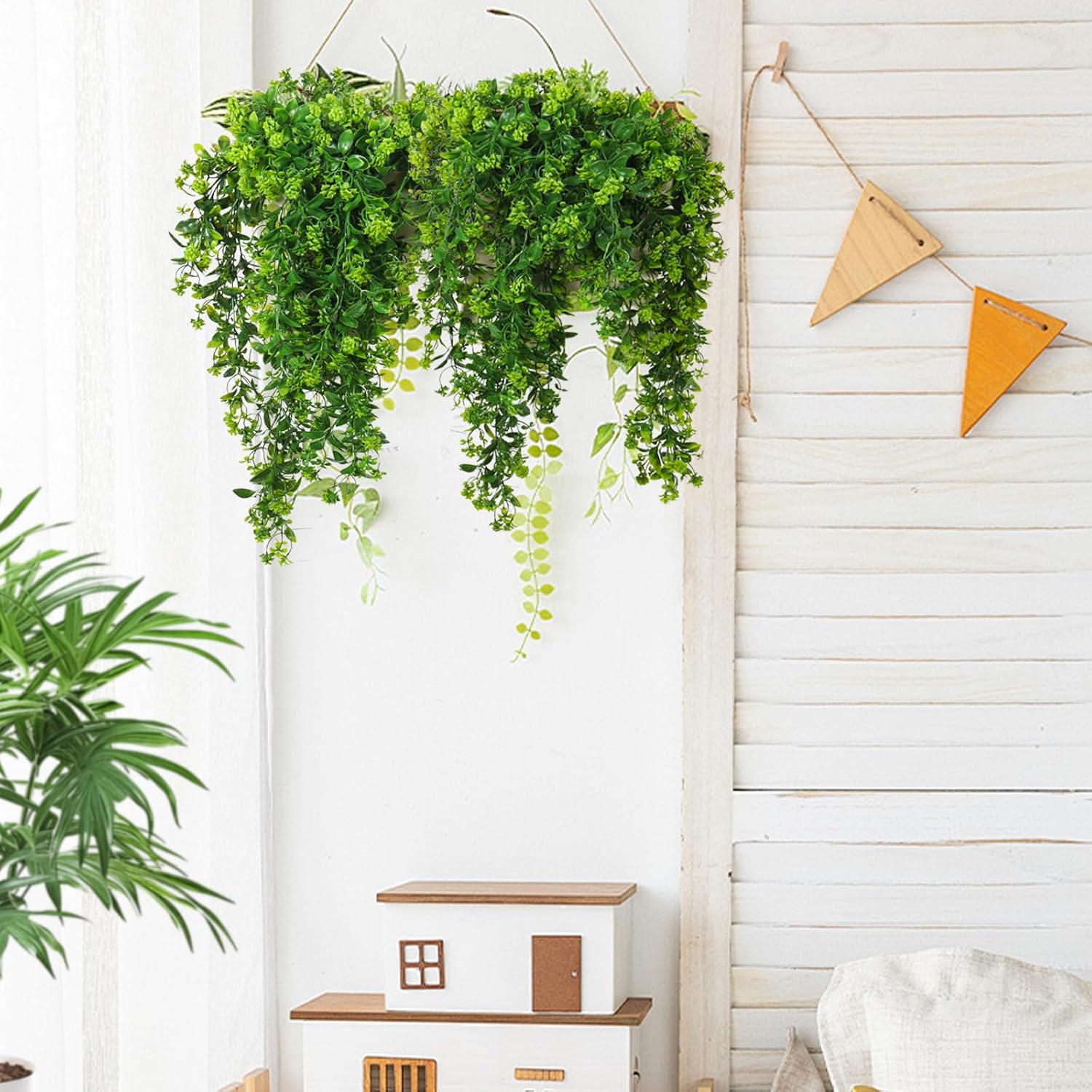 SJL Fake Hanging Plants 3pcs Hanging Plants with Flowers Artificial Greenery Faux Ivy Vine Leaves UV Resistant Plastic Plant Faux Greenery Vine Plant for Wall Home Indoor Outdoor Decor (Green) - Image 5