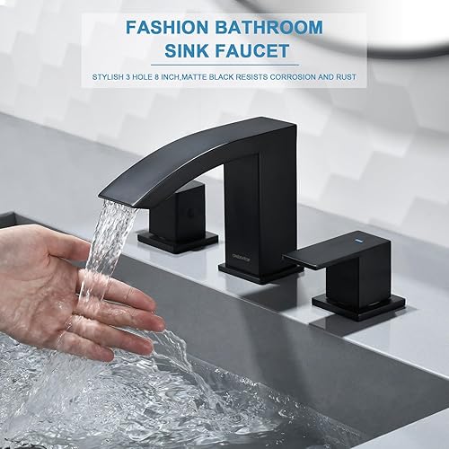 Miniatura 2 de OMEKNTOP Grifos de baño negros de 3 agujeros, cascada, grifo de baño de 8 pulgadas, grifo de baño extendido para fregadero, grifo de baño de 2
