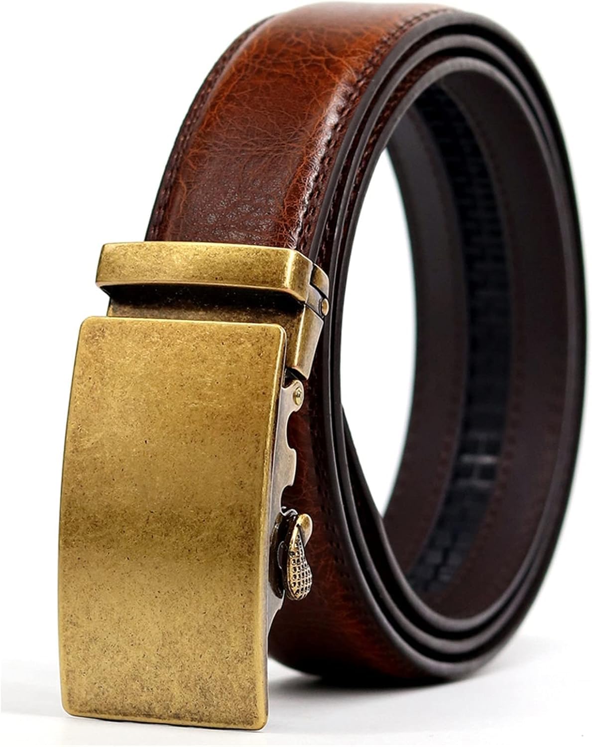 Herren Gürtel, Business Ratsche Gürtel Herren Leder Gürtel Designer Luxus Legierung Automatische Schnalle Braunes Armband, Gold, 125