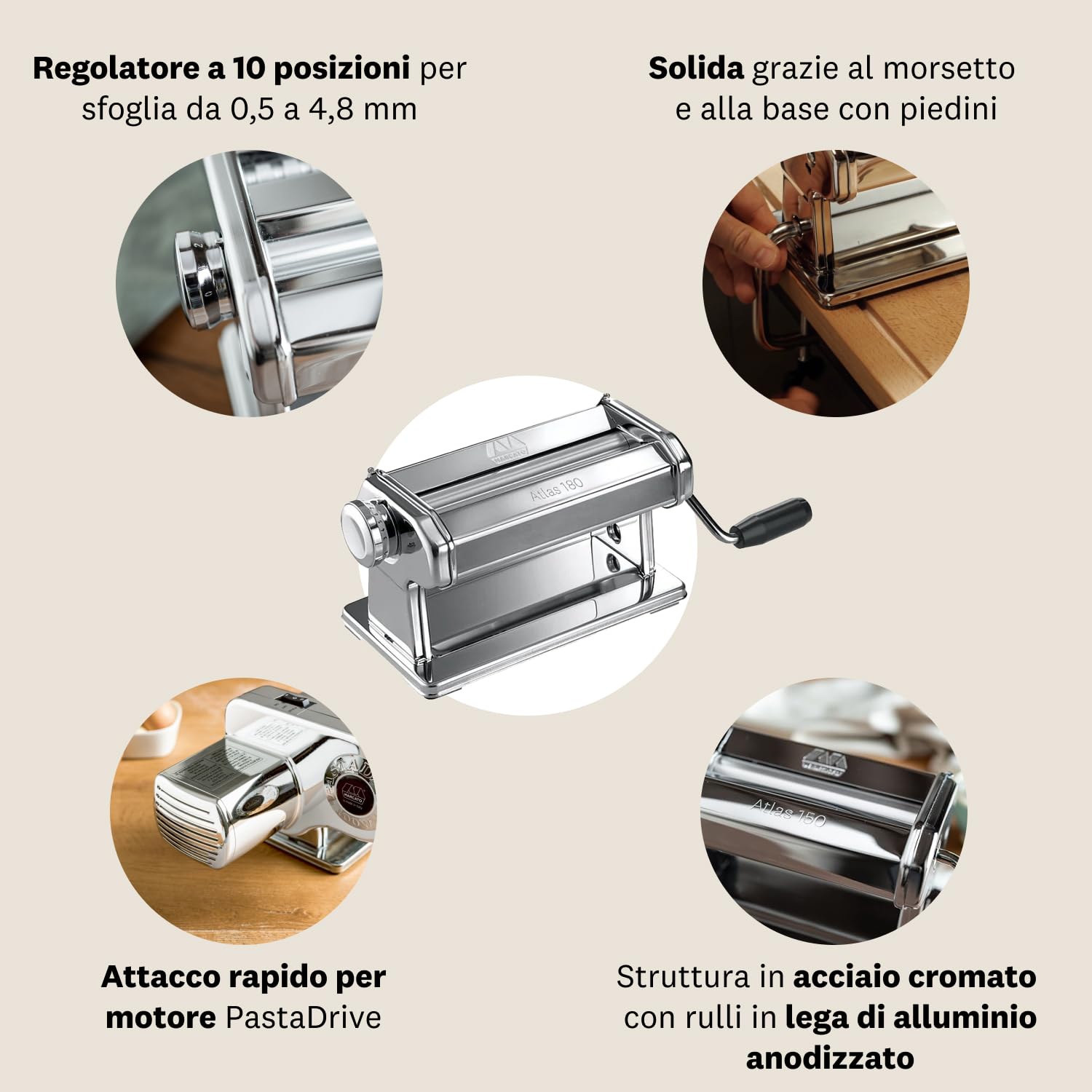 Marcato Atlas 180, Macchina per la Pasta, Pasta Maker, Tirapasta, Sfogliatrice Extra Large, 10 diversi Spessori, Acciaio Cromato, Compatibile con 12 Accessori per Formati Extra, AT-180-ROL