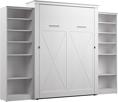 Bestar Queen Murphy Bed with Closet Organizer, Pure White, Key West, 119W | Closet Organizers; supports up to 1000 lb; min. ceiling height 92.1 in.; dual piston mechanism;