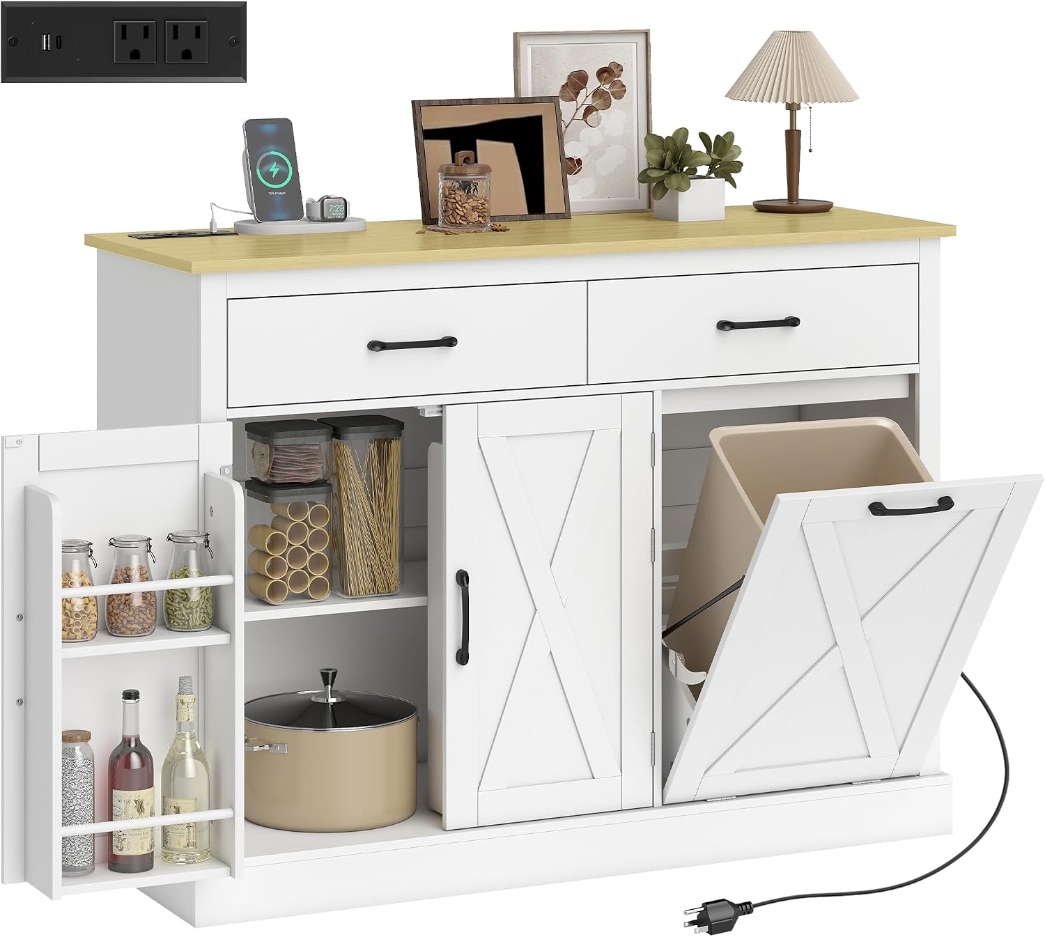 Garbage Kitchen Rack HOMCOM Tilt Out Trash Cabinet with Charging Station, Farmhouse Kitchen ...