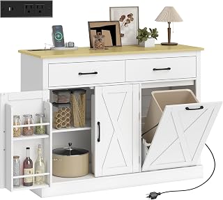 HOMCOM Tilt Out Trash Cabinet with Charging Station, Farmhouse Kitchen Island with Storage, Sideboard Buffet Cabinet with 7 Gallon Hidden Garbage Storage Drawers Door Racks, White