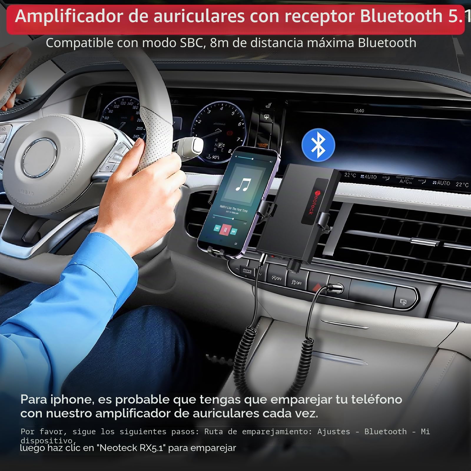 Neoteck 3,5mm Amplificador de Auriculares Portátil Amplificador de Auriculares de Bajo con Receptor Bluetooth 5.1 16-300 Ohm Amplificador de Auriculares HiFi con Interruptor de Refuerzo de Graves