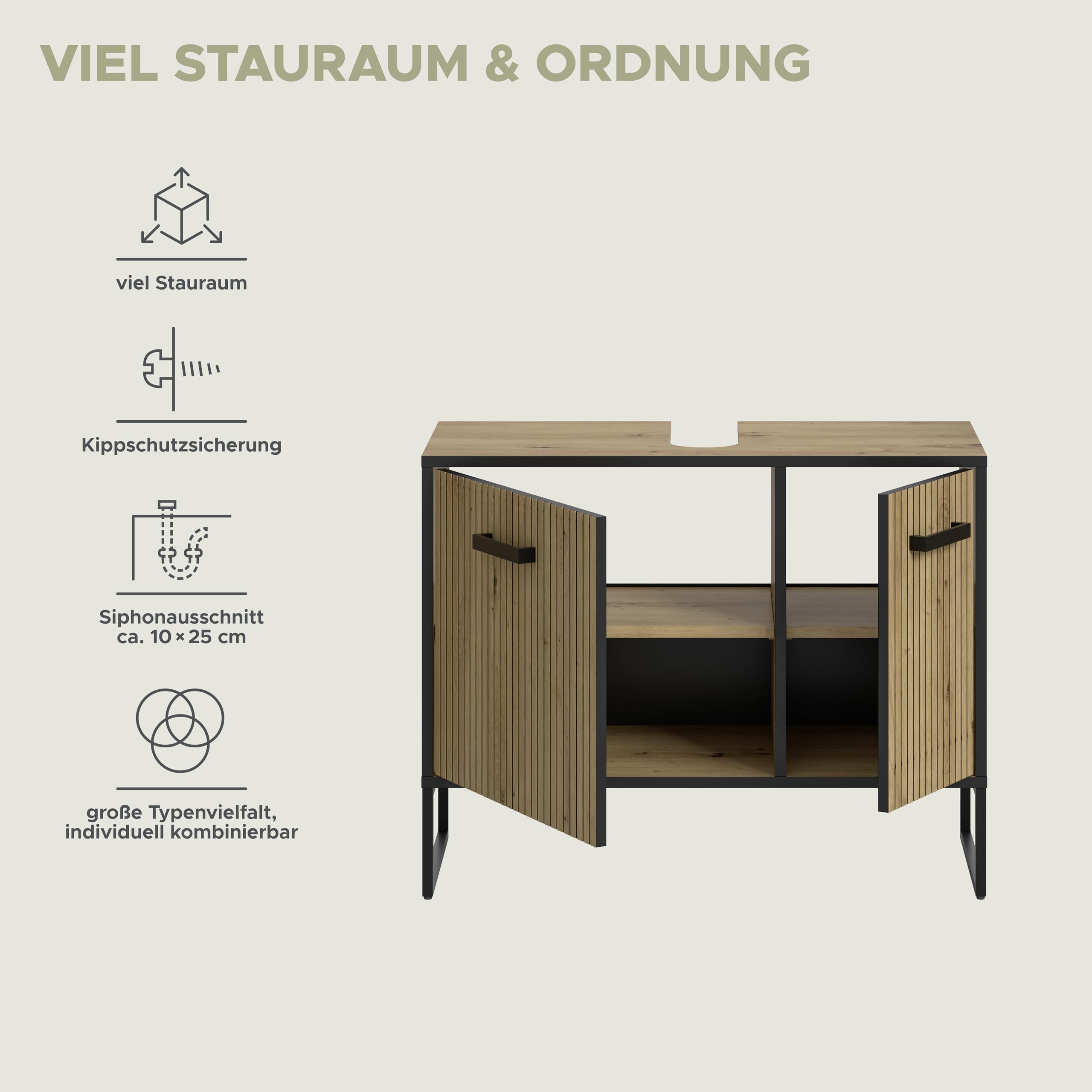xonox.home Szafka pod umywalkę Bagno 80 x 63 x 36 cm z imitacji Artisan Oak – szafka dolna z 2 drzwiami, 4 półkami i wycięciem na syfon – dużo miejsca pod umywalką, wytrzymała i nowoczesna konstrukcja