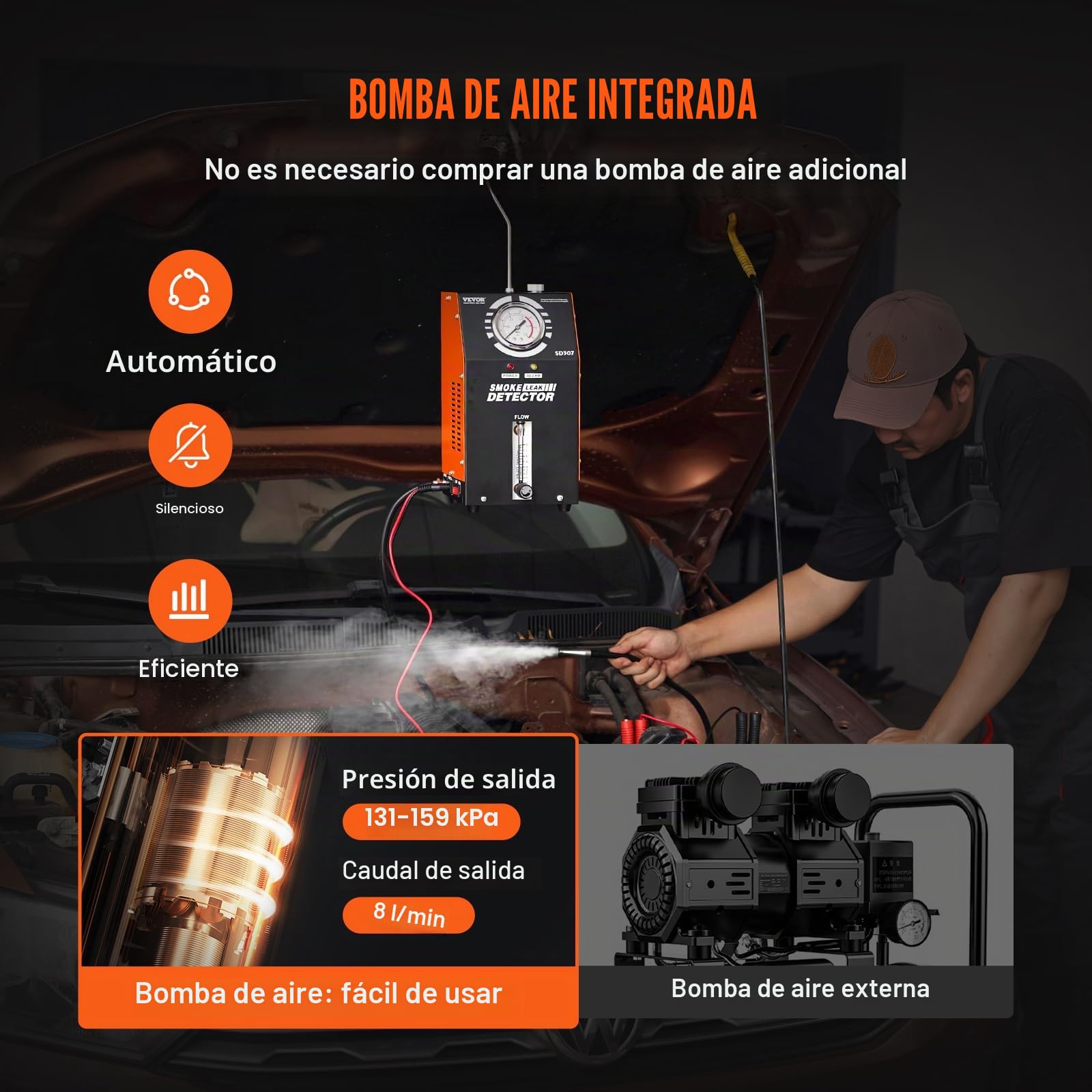 VEVOR Detector de Fugas de Humo para Automóviles de Combustible al Vacío EVAP con Bomba de Aire Incorporada, Manómetro y Caudalímetro, con Tubo de Vacío de 2 Modos para Automóviles, 177 x 173 x 290 mm