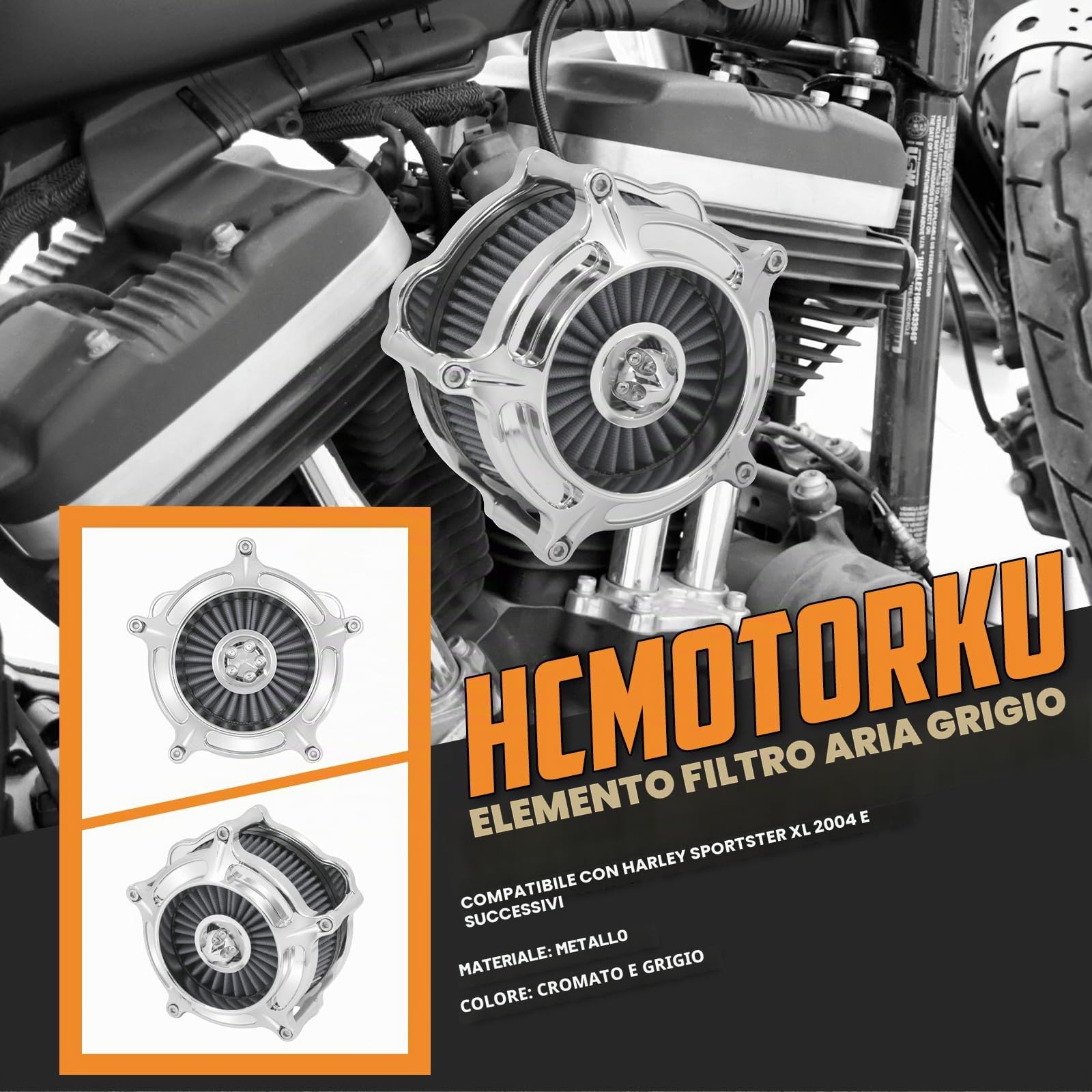 Filtro dell'aria per motocicletta Depuratore dell'aria per motocicletta Filtro di aspirazione compatibile con filtro dell'aria Harley Sportster 883XL 1200 2004-2024 (Cromato + Grigio)