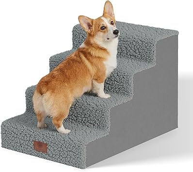 AKC 4-Step Pet Stairs for Beds & Couch | Built for Small Dogs & Small Breeds | Long-Back & Senior Dogs | Lightweight, Soft, Non-Slip, Washable | No-Tool Assembly | Supports 35 lbs | 16x24x14.2 in
