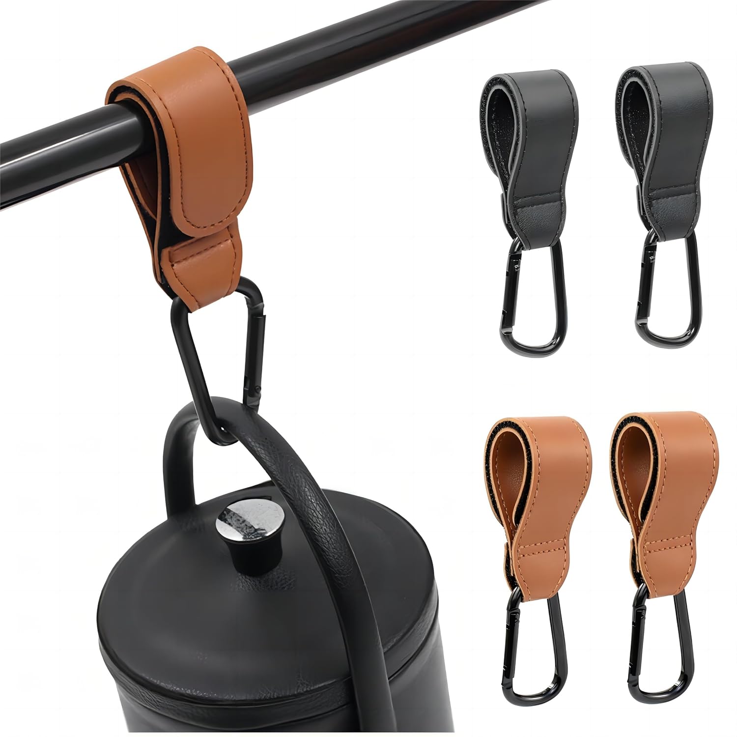 4PCS Stroller Hook Accessories, Multipurpose Stroller Bag Hooks, Leather Stroller Clips for Diaper Bags Pet Carts Grocery Shopping Bags(Black and Brown) - Image 3