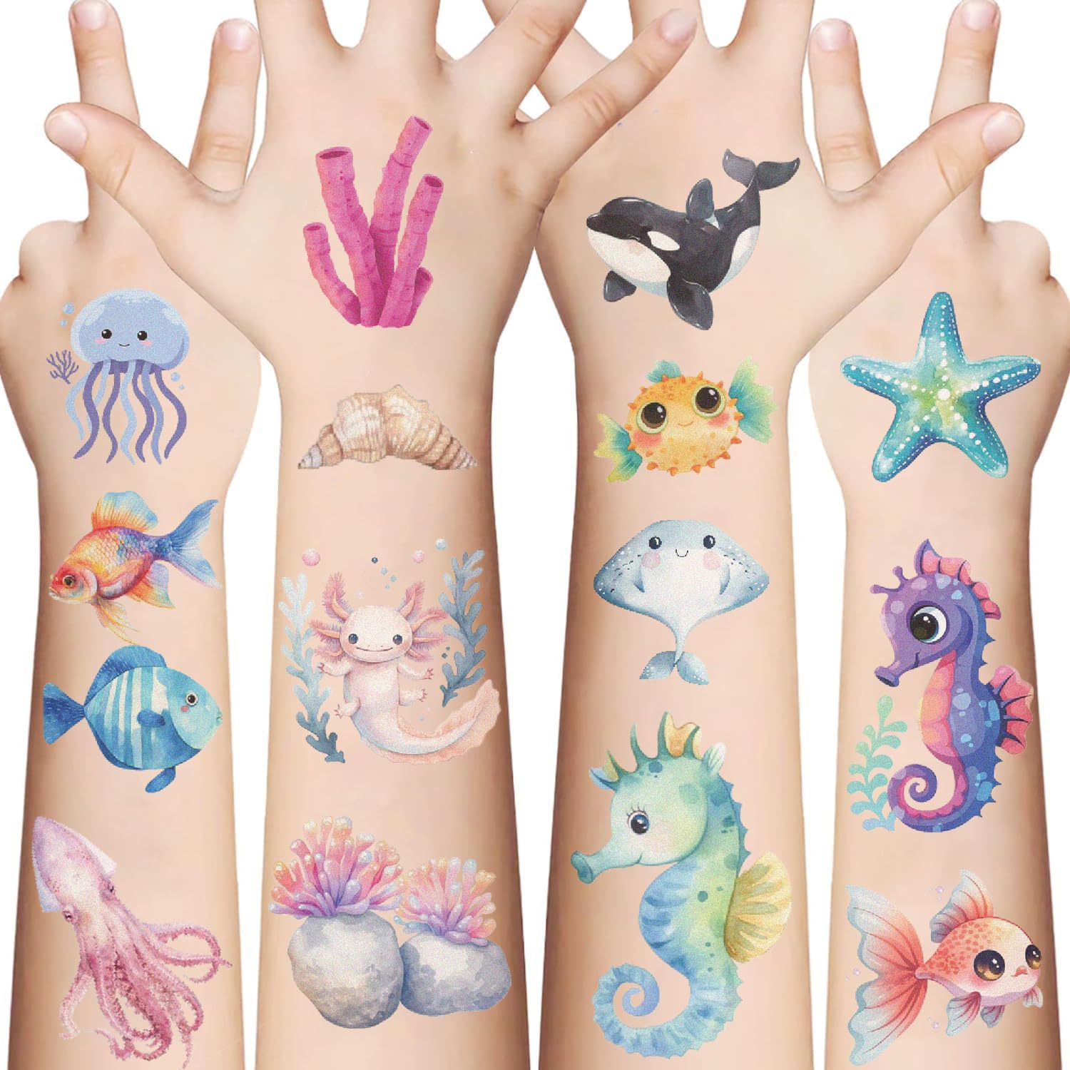 Snapklik.com : 90pcs Ocean Animals Temporary Tattoos For Kids Under The Sea  Creature Individual Tattoos For Ocean Theme Birthday Party Decoration  Favors Baby Shower Supplies Goodie Bag Stuffers 10sheets, image size:1500x1500