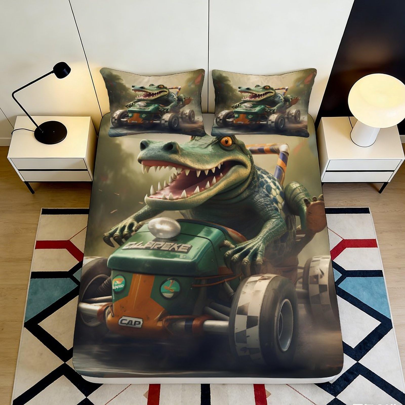 3D Printed Cartoon Crocodile Fitted Sheet Microfiber Soft Durable Racing Car Bed Cover for Bedroom Dormitory Guest Room Mattress Protection 120x200x25cm