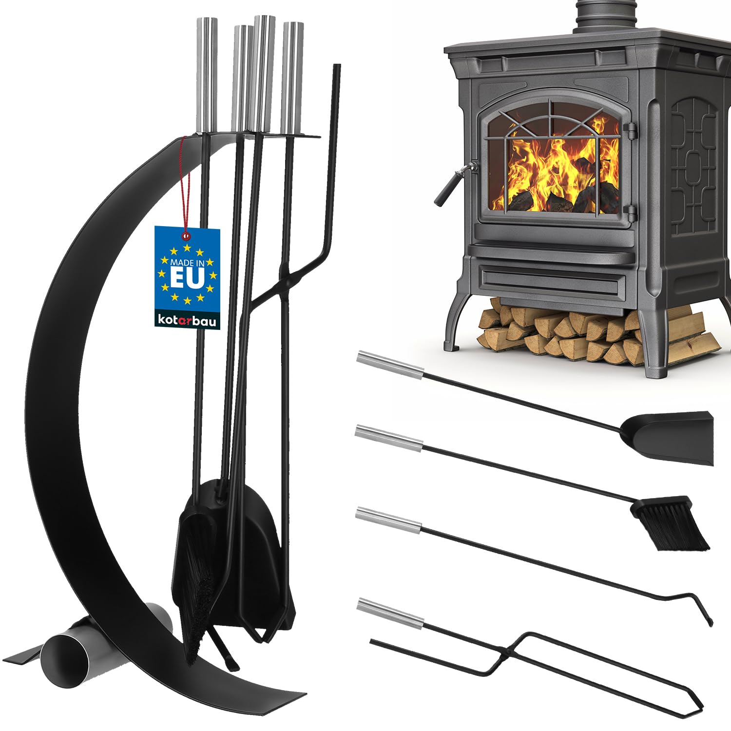 KOTARBAU® Kaminbesteck Schwarz Modern Ofenbesteck Stahl Kaminofen Zubehör Kamingarnitur Set Bürste Schaufel Zange Schürhaken mit Edelstahlgriffe Ständer Kamin Reinigungsset Kaminzubehör Kaminwerkzeug