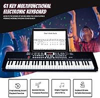 Vista 3 de Piano de teclado de 61 teclas para principiantes con teclas iluminadas y modos de enseñanza profesional, incluye soporte, banco, micrófono, soporte