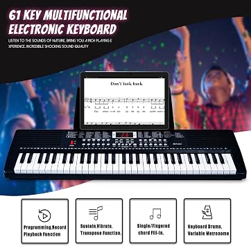 61 Key Keyboard Piano for Beginners with Lighted Keys & Pro Teaching Modes,Includes Stand, Bench, Microphone, Music Stand,70 Demos, 200 Rhythms/Tones, Gift for Beginners