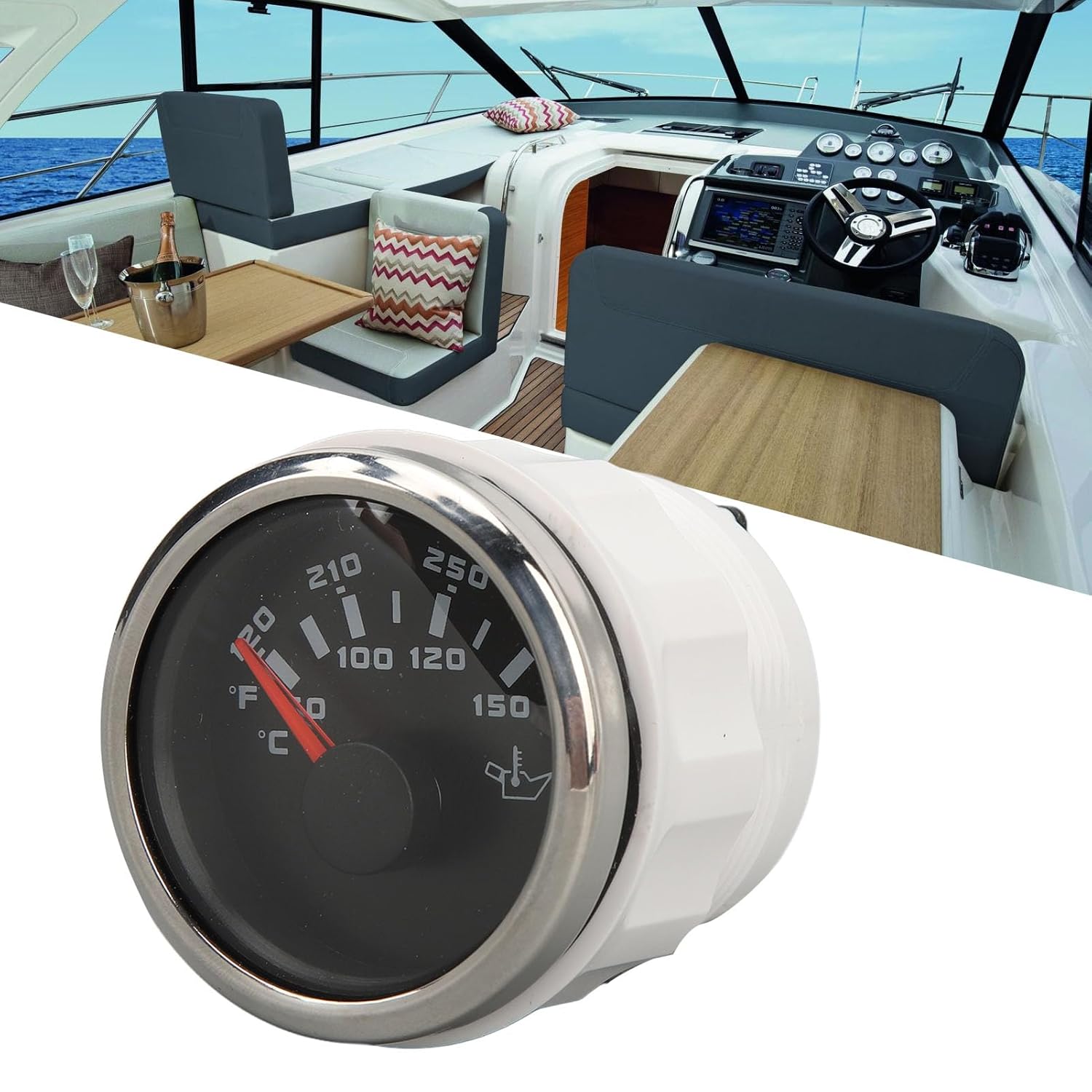 Electric Oil Temp Meter Kit for RV, Yachts, Fishing Boats with Celsius Fahrenheit, Oil Temp Meter Kit (Black Dial Silver Bezel)