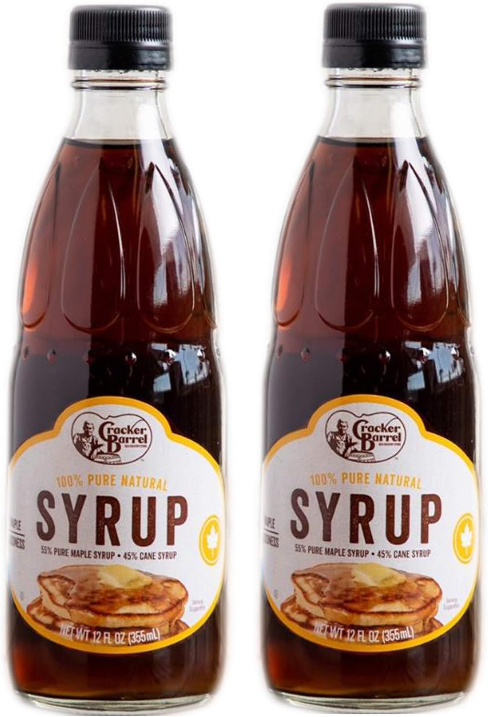Cracker Barrel Pancake Syrup 12 Fl. Oz Pack Of 2! 100% Pure Natural Syrup! Made From 55% Maple Syrup and 45% Cane Syrup! Great Taste And Delicious Flavor! Perfect For Your Homemade Pancakes!