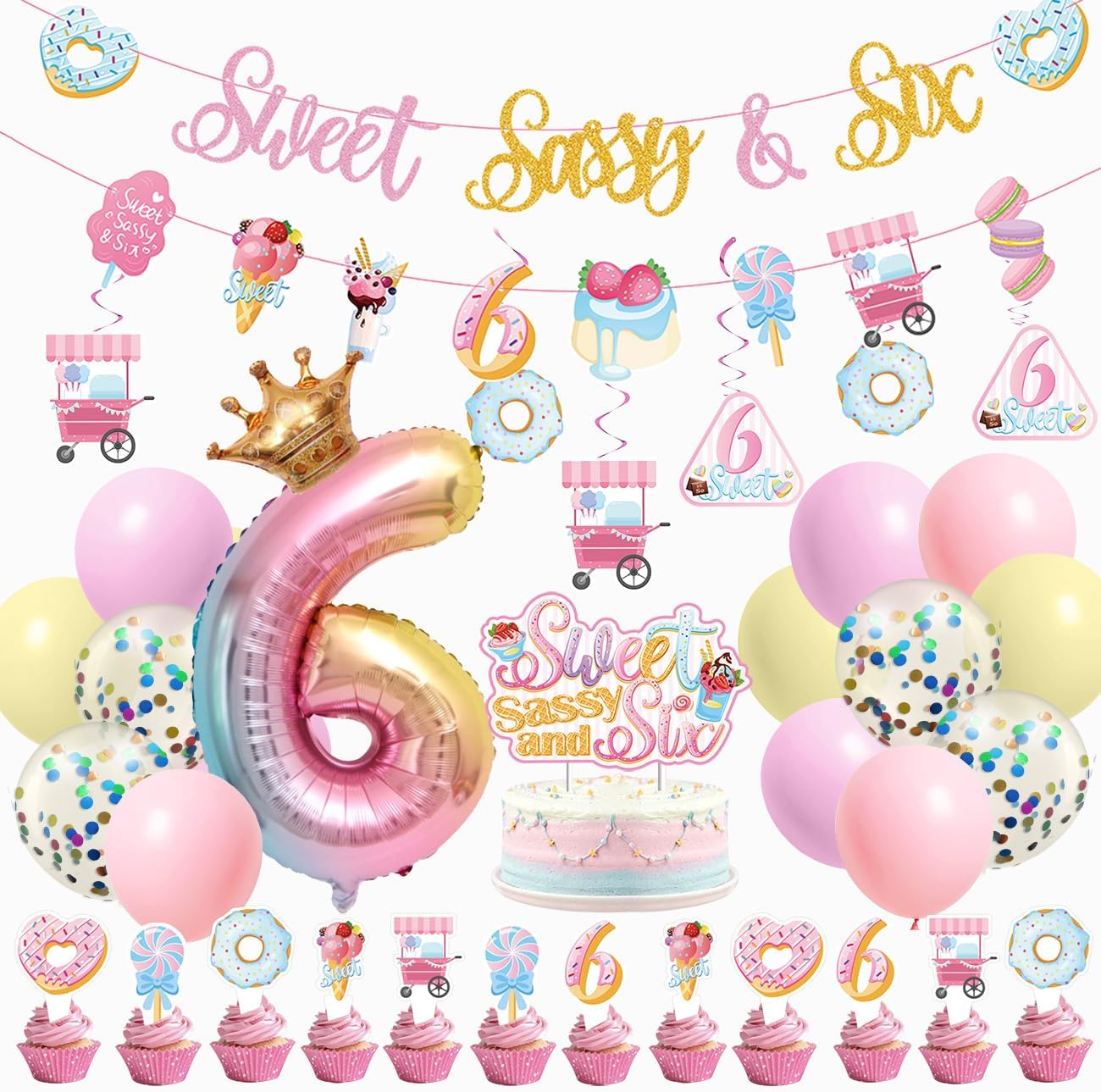 Sweet Sassy and Six Birthday Decorations for Girls - 6th Birthday With Donut Banner, Cake Topper, Foil Balloon for Ice Cream Party