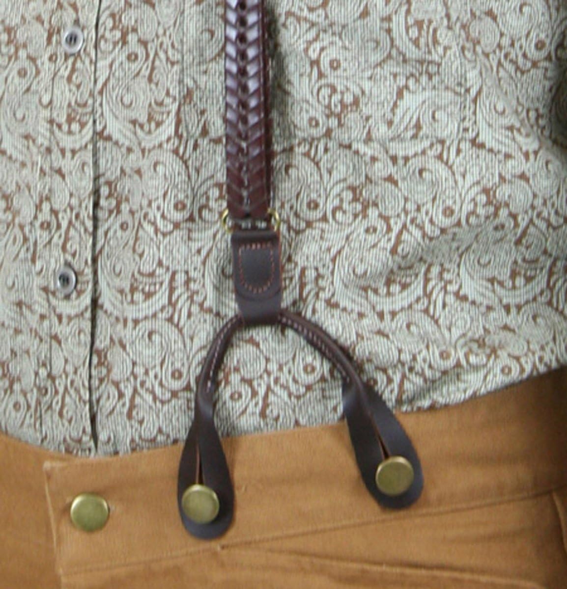 Historical Emporium Men's Leather 3/4 Inch Braided Y-Back Buckle Button End Suspenders, Victorian Western Adjustable Braces
