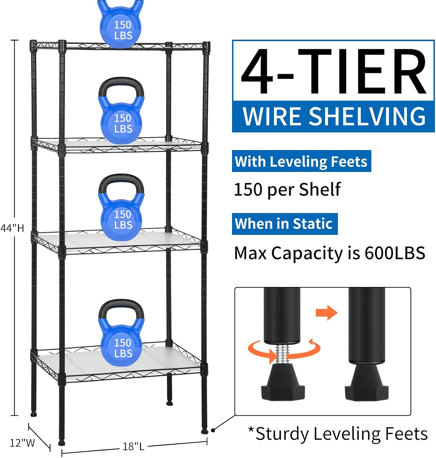 Wire Shelving Unit with PP Liners, 4 Tier Metal Storage Shelves for Laundry Room Organization, Closet Shelf Organizer, Kitchen Rack, Garage Storage, Black, 18" x 12" x 44"