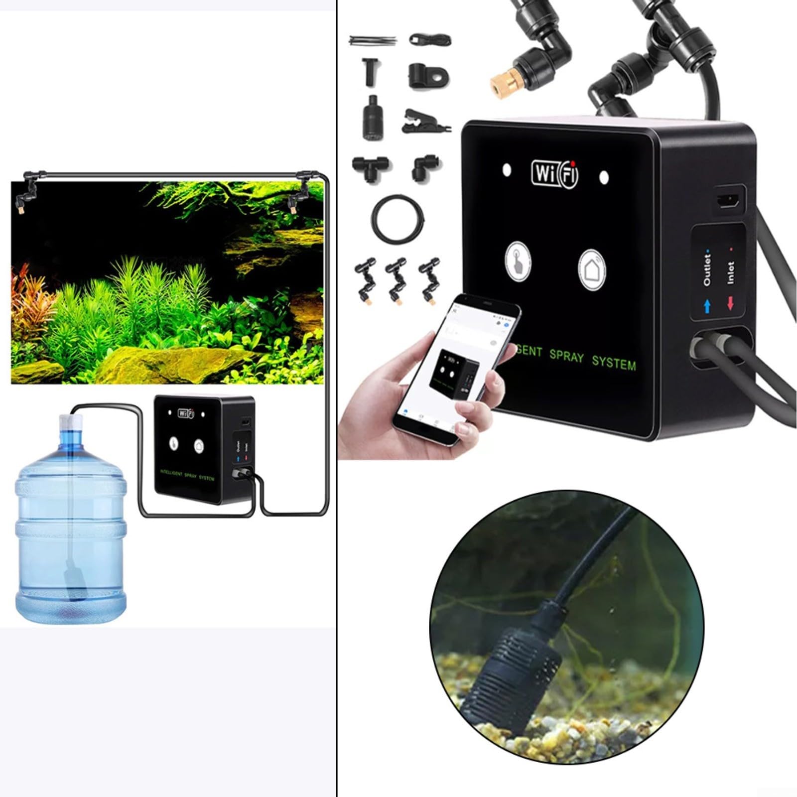 Irroratore intelligente a 360° per terrario con Wi-Fi, sistema di nebulizzazione automatico per vivarii della foresta pluviale, nebulizzatore fine con timer e pompa autoaspirante, nero (3 ugelli)