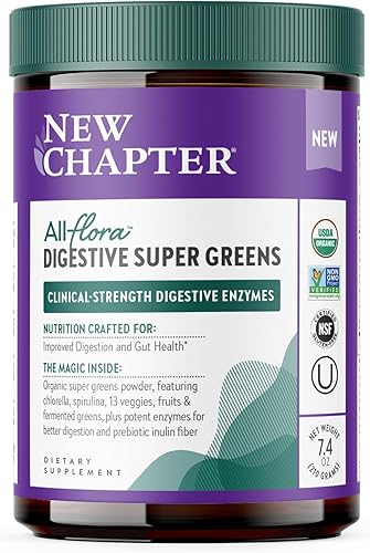 New Chapter All-Flora Digestive Super Greens Polvo para la salud intestinal - Enzimas digestivas de fuerza clínica + Clorella orgánica USDA,
