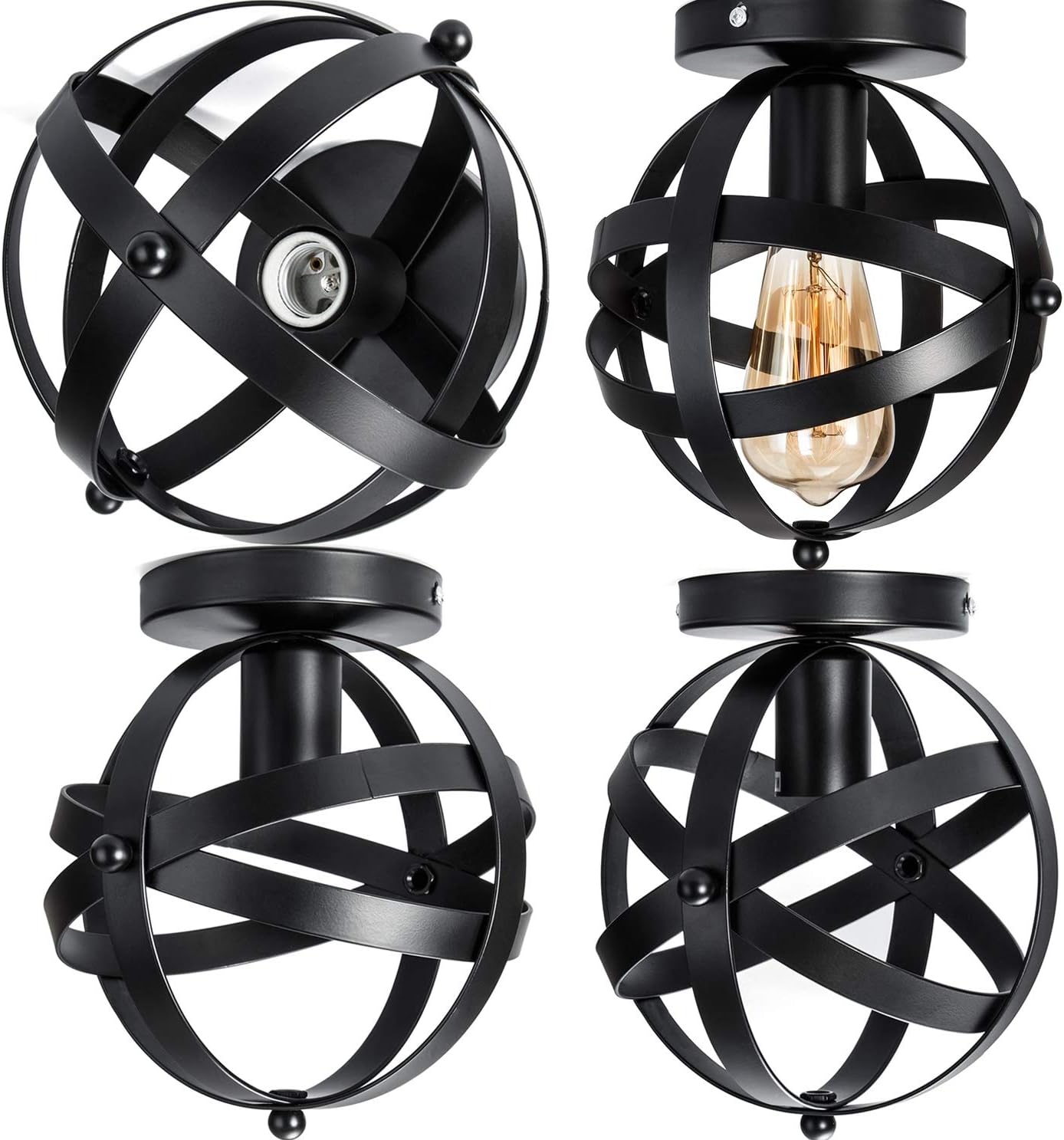 Industrial Ceiling Light Fixtures, Black Flush Mount Ceiling Light, Vintage Metal Globe Close to Ceiling Light for Hallway Porch Bedroom 2 Pack