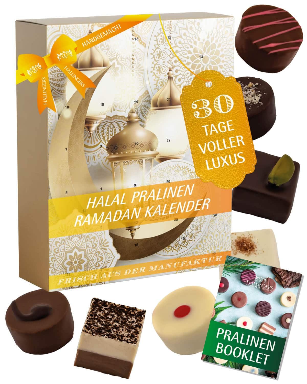 Hallingers Genuss Manufaktur Pralinen Halal Ramadan - ohne Alkohol, handmade aus Edelkakao in wertigem Softfeel-Karton "Ramadan - Mubarak", Kareem Maburak für Frauen Männer