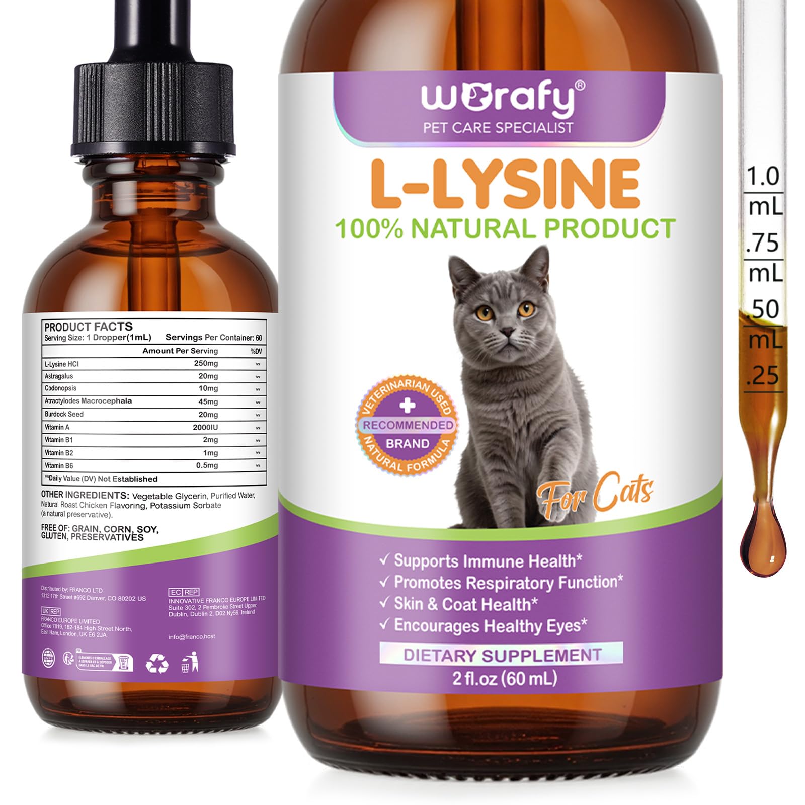 L-Lysine for Cats Liquid, Cat Lysine Drops, Natural lysine for cats Flu, Immune Support, Feline Respiratory, Sneezing, Runny Nose & Eye Health - Roast Chicken Flavor 60ml