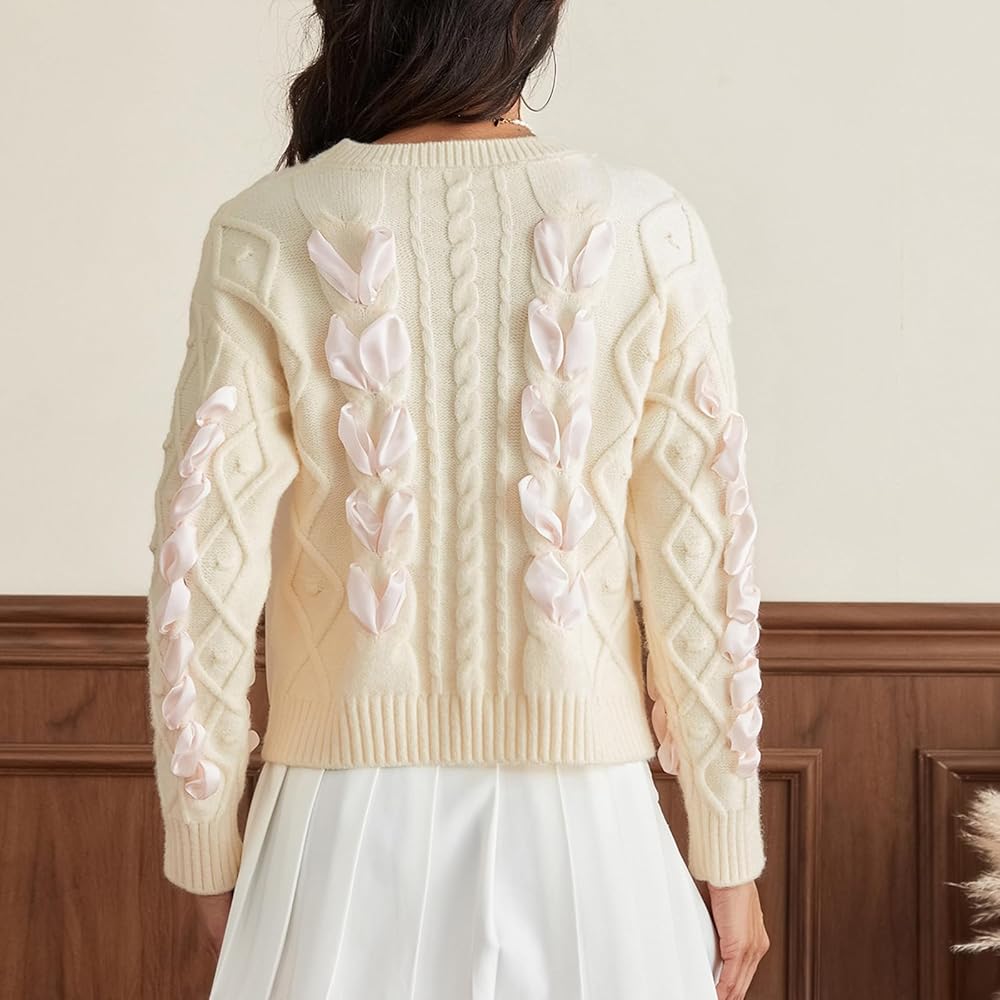Women's Y2K Ribbon Sweater Cute Crew Neck Long Sleeve Bow Tie