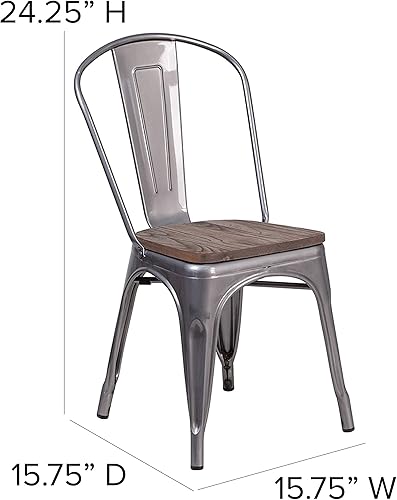 Miniatura 2 de Merrick Lane Silla de comedor apilable con respaldo de listones verticales de metal, marco recubierto transparente, asiento de madera de olmo con