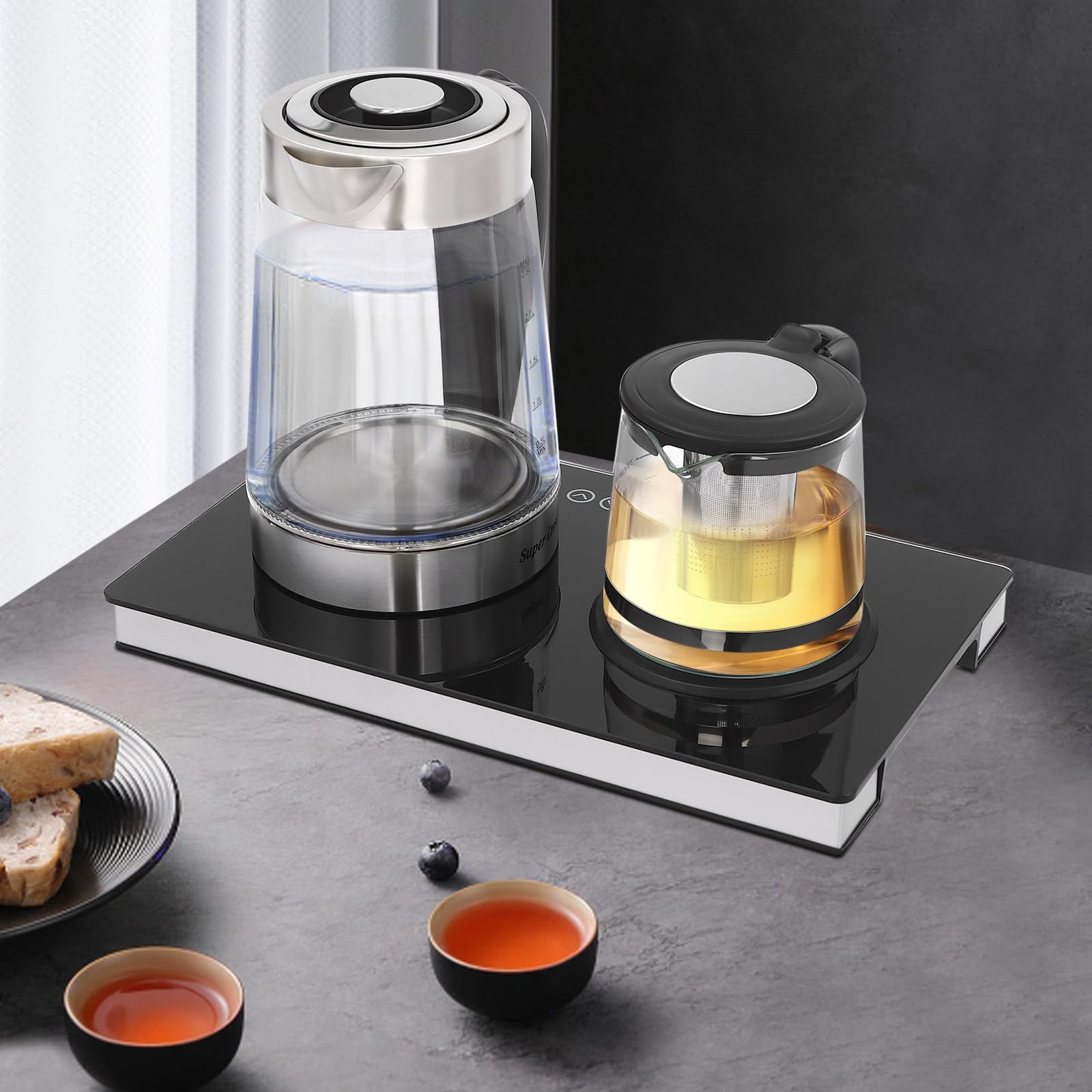 Bollitore elettrico, 2,5 l, 1000 ml, doppio fuoco, in acciaio inox, vetro e plastica, filtro display Lcd, produzione di varie bevande come caffè, tè, ufficio, hotel, appartamenti, famiglie, nero