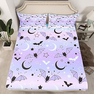 Bat Bottom Sheet Twin Size,Halloween Theme Animals Bedding Set 2pcs for Kids Teens Room Decor,Watercolor Purple Star Sky Moon Sheet Set Cartoon Gothic Style Fitted Sheet with 1 Pillowcase
