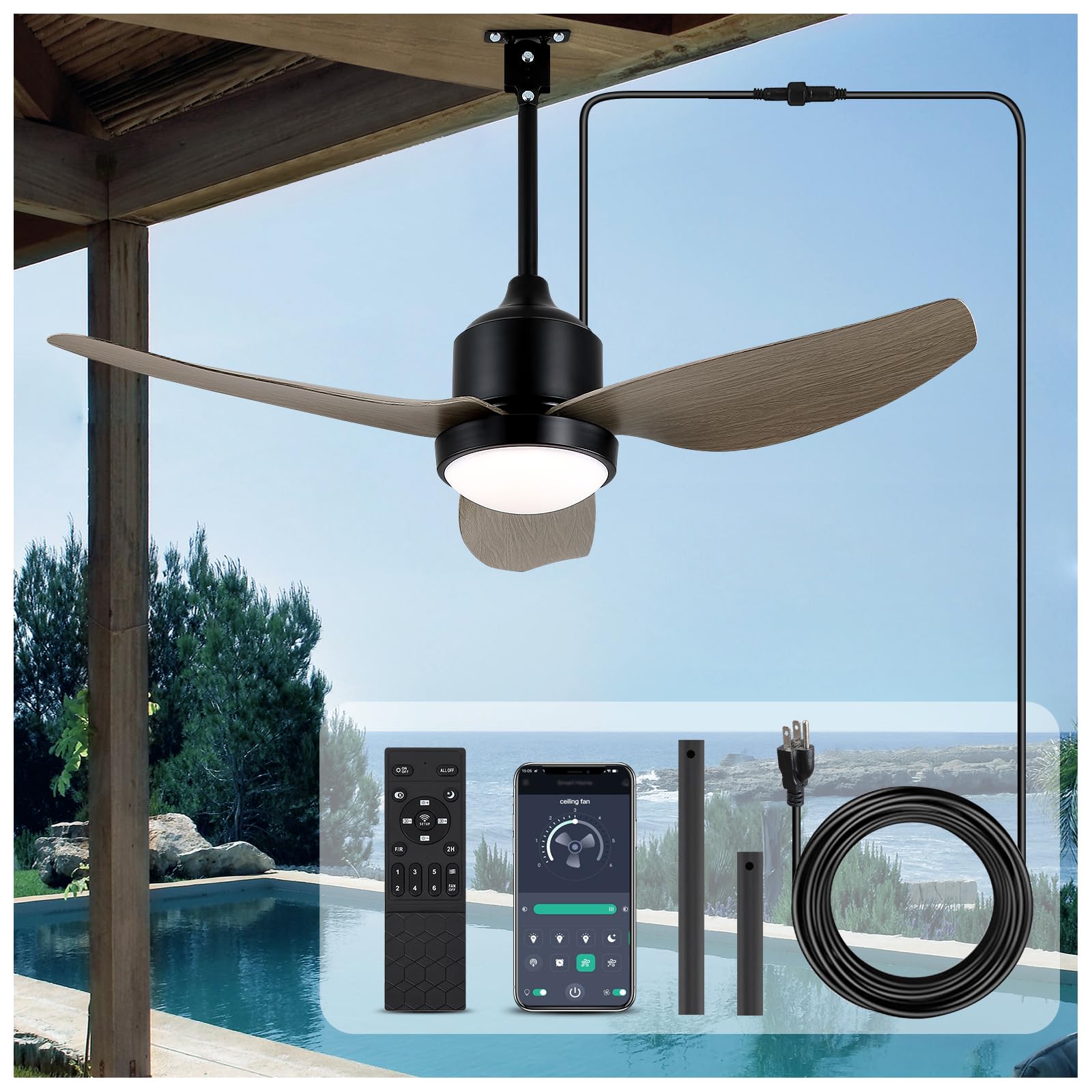Nebulium - Outdoor Waterproof Ceiling Fan with Light, Modern Ceiling Fans 42 Inch with 3 Colour LED Light, Quiet DC Motor, Remote Control and Application, for
