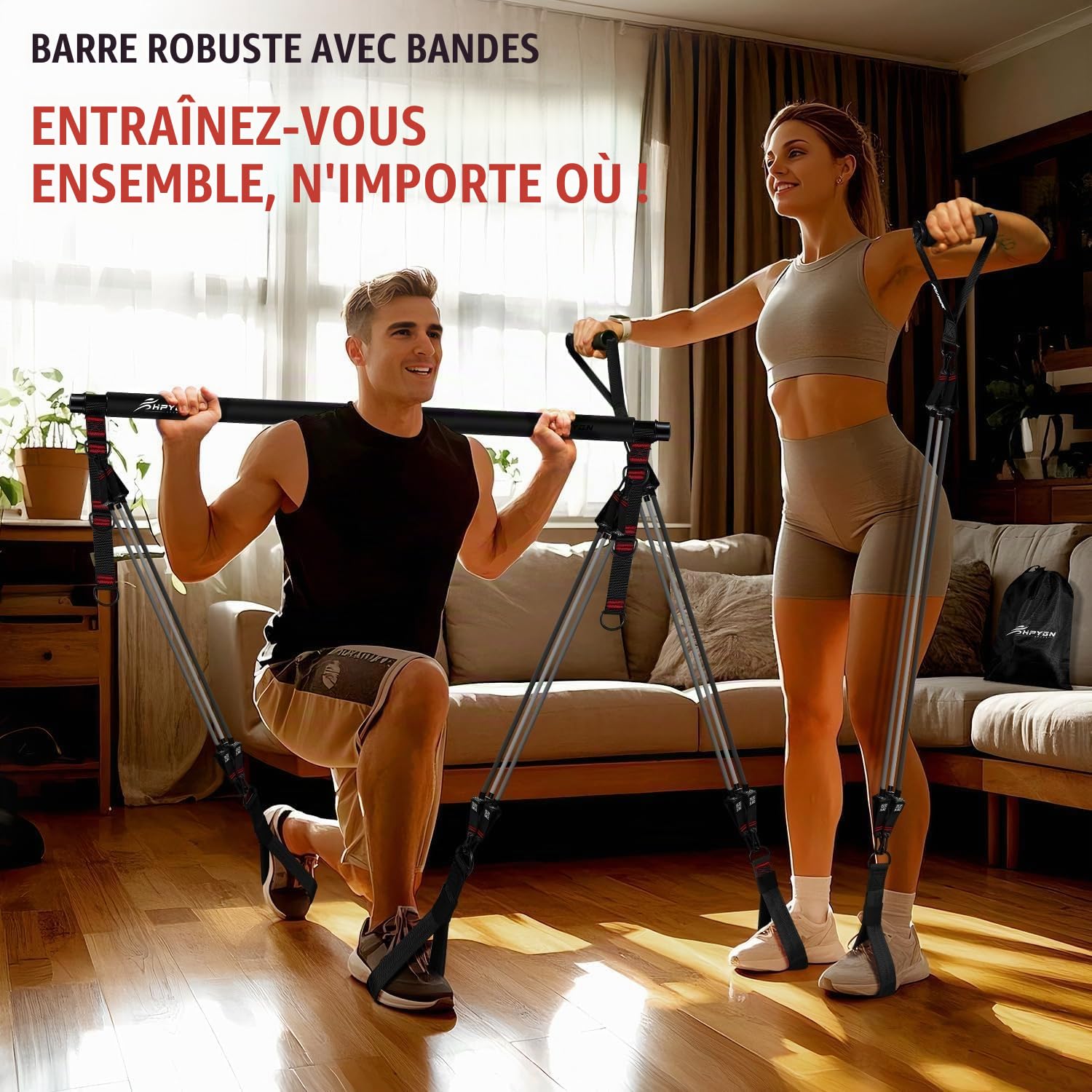 HPYGN Elastiques Musculation Sport -Kit Barre de Pilates pour Homme Femme avec 6 Bandes de Résistance Élastique 35-270Lbs & Ancrage de Porte pour Complet Entraînement Yoga/Musculation