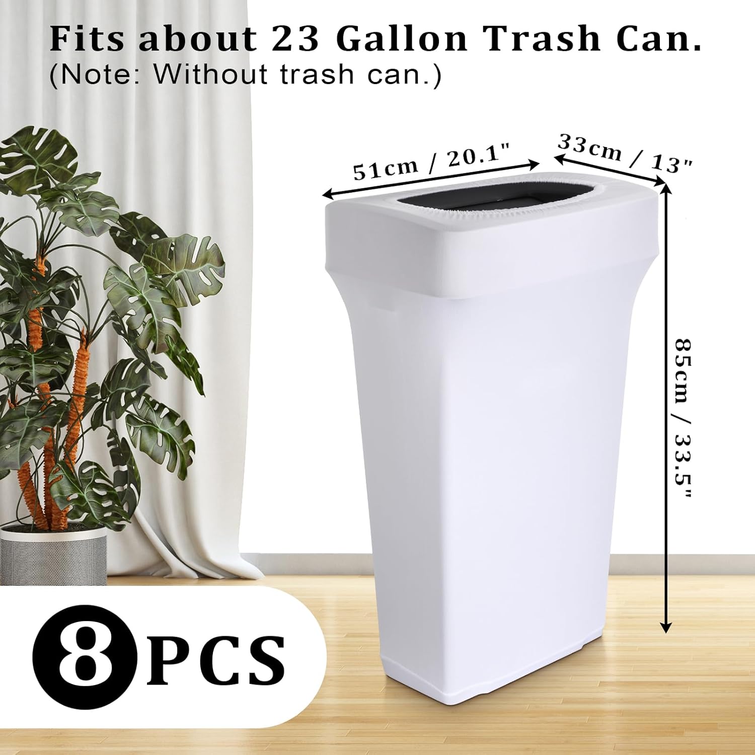 BSTKEY 23 Gallon Stretch Spandex Trash Can Cover, 8 Pack Outdoor Fitted Waste Container Cover Rectangular Garbage Can Covers for Wedding Party Commercial Fundraiser Decor, Without Trash Can (White)