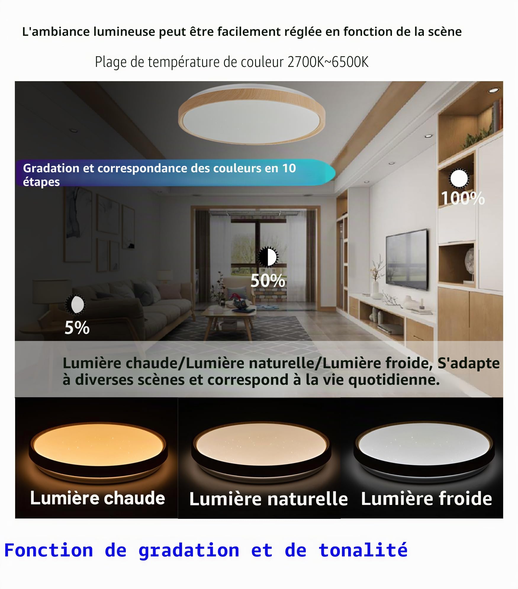 Plafonnier musical LED MW 40 cm, abat-jour effet grain de bois, compatible avec Alexa, haut-parleur Bluetooth intégré, effet de lumière RVB, intensité variable, avec télécommande