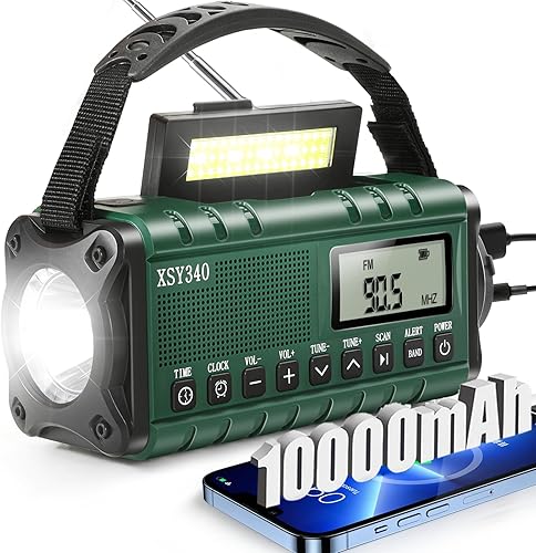Radio de emergencia NOAA de alerta meteorológica con energía solar y manivela de mano USB-C carga portátil radio AMFM 3W, lámpara de lectura,
