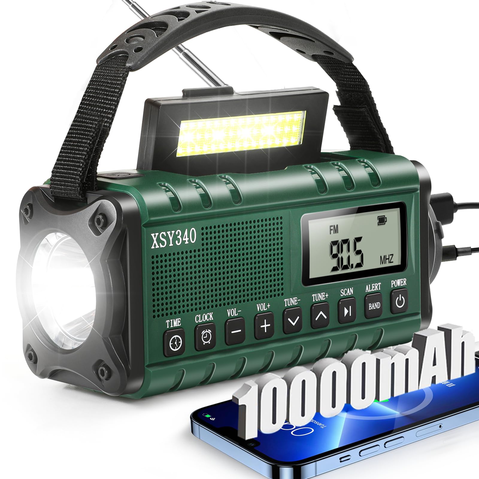 Emergency NOAA Weather Alert Radio, Portable Solar Hand Crank AM/FM Radio for Survival, 10000MAH Rechargeable Battery Powered, USB-C Charger, Clock SOS Alarm & Flashlight, Reading Lamp, for Outdoor