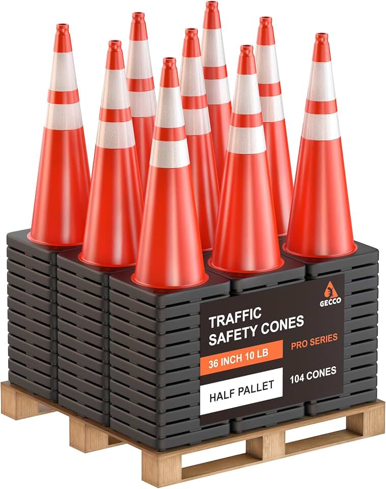 GECCO ™ (104 Cones per Pallet) 36 Inch 10 Lb Heavy Tall Orange Traffic Cones in Bulk | Large Safety Cones, Orange Cones, Parking Cones, Construction Cones | PVC Plastic & Black Base - [PRO Series]