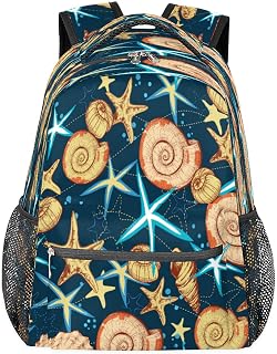 Mochilas para meninos e meninas, mochila escolar com vários bolsos, concha de estrela-do-mar, impermeável, com alça de ombro ajustável para viagens, caminhadas, acampamento, Multi, Medium