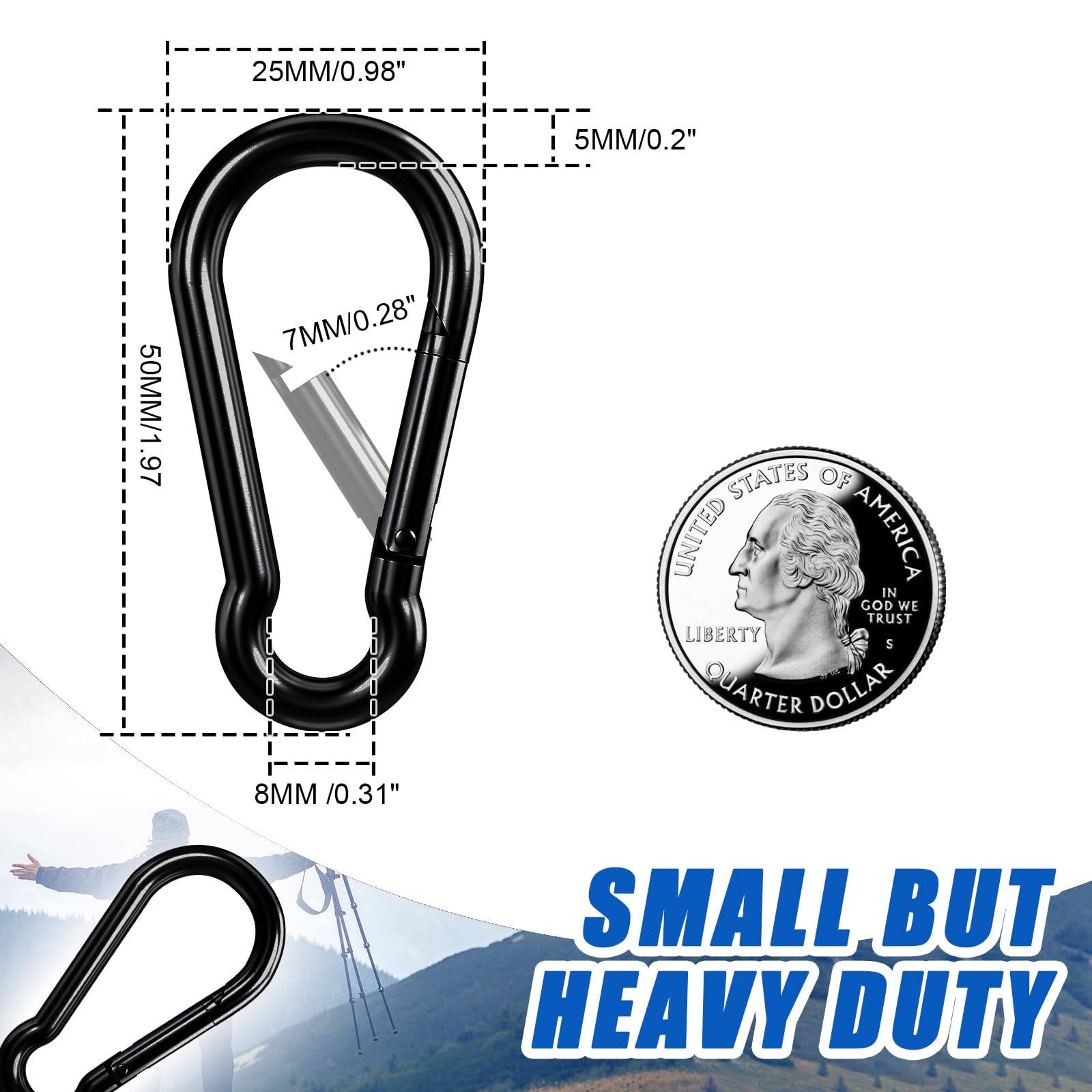 KINLINK Paquete de 25 mosquetones de acero al carbono negro, gancho de resorte resistente de 1.97 pulgadas, pequeños clips de caribeener para acampar al aire libre, columpio, hamaca, senderismo, pesca