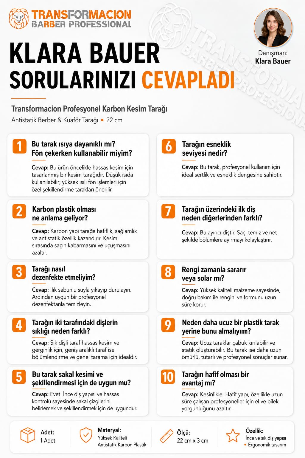 Transformacion Profesyonel Karbon Kesim Tarağı - Antistatik Berber & Kuaför Tarağı 22 cm 721790