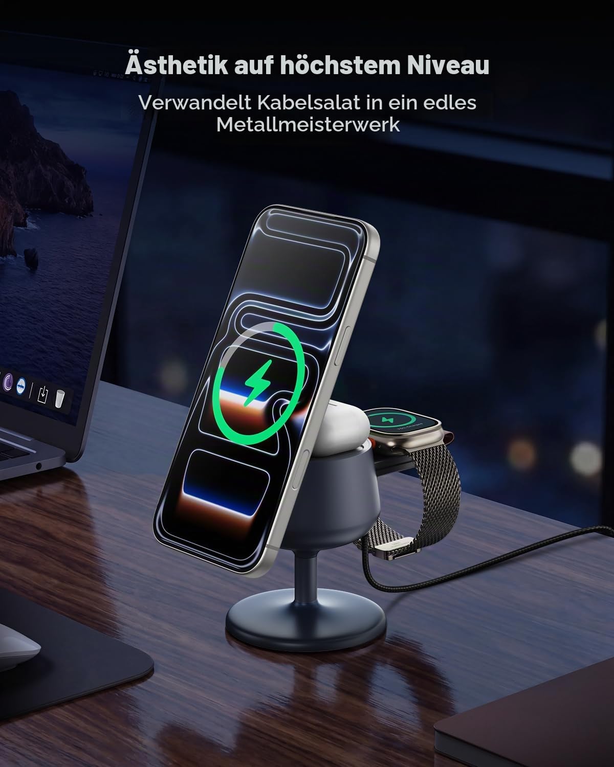 GEEKERA Qi2.2 25W 3-in-1 Ladestation für Apple: MagSafe-kompatibles Schnellladegerät für iPhone 17/16-12, 5W Fast Charger für Apple Watch & AirPods, 45W GaN Adapter, ideal für Zuhause und Büro