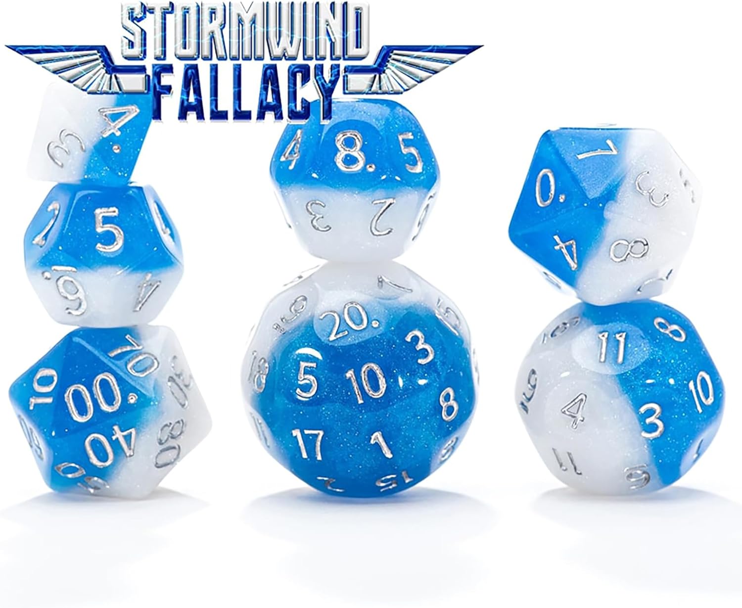 Gate Keeper Games & Dice: Double Dice - Stormwind Fallacy - 7pc RPG Set, Blue & White Resin w/ Holographic Glitter, Role Playing Games Accessory